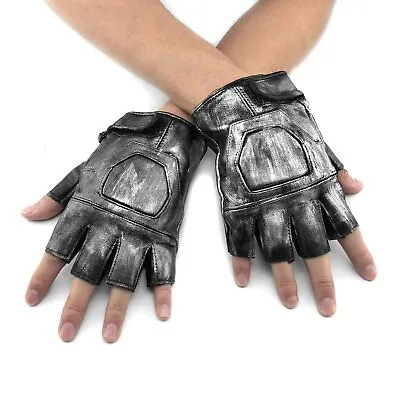 Sliver Black Biker Punk Leather Fingerless Gloves Mens Steampunk Golves • $16