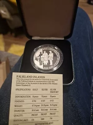 FALKLAND ISLANDS 1992 SILVER PIEDFORT  50P COIN In Case & Coa 750 MADE. RARE. • £65