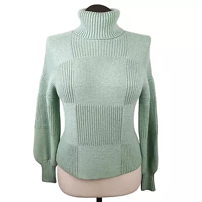 STAUD SZ XS Pale Mint Green Block Knit Cropped Turtleneck Sweater • $48