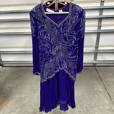 Vintage Laurence Kazar Sequin Beaded Dress Purple Silk Party Cocktail XL • $30