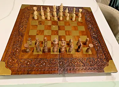 Vintage Persian Hand-Carved Teak Wood Chess & Backgammon Set Brass Inlay • $795