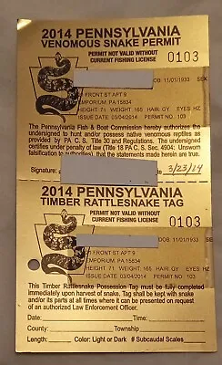 2014 Pennsylvania Hunting License Snake Hunting Permit PA Fish Commission  • $34.59