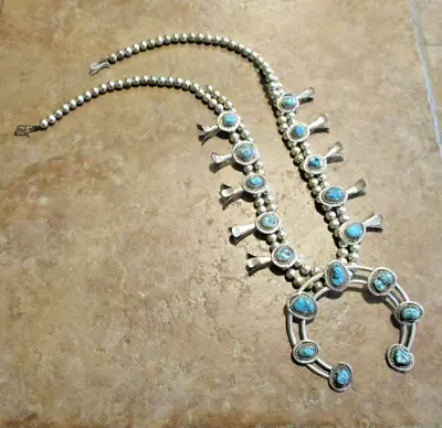 22  ELEGANT Vintage Navajo Sterling KINGMAN Turquoise Squash Blossom Necklace • $669