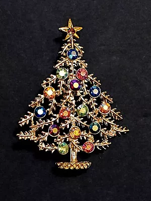 Brooch Weiss Christmas Tree Gold Tone Aurora Borealis Pastel Brooch Signed • $45