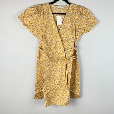 Madewell Fiore Floral Short Sleeve Cotton Wrap Dress Medium Mini Yellow Cotton • $23.95