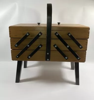 Vintage Wooden Sewing Box On Legs Cantilever Various Compartments 3 Tier • £41.99
