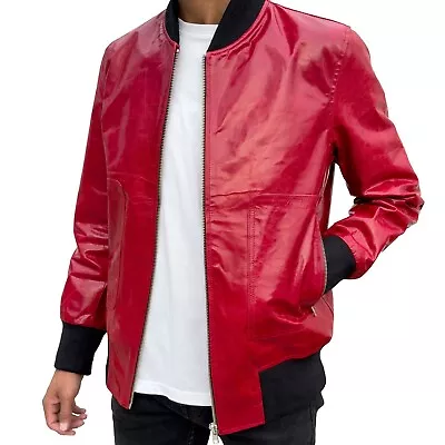Mens Red Leather Bomber Jacket Genuine Cowhide Biker Casual Varsity Style Jacket • $119.99