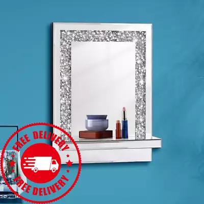  Silver Wall Mirror With Shelf Crystal Crush Diamond Mirror Decor For Vanity  • $44.77