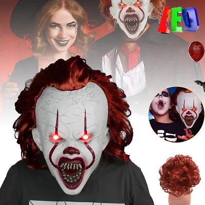 Horror LED Pennywise Mask Halloween Clown Carnival Scary Mask Costume Prop W/Wig • £9.91