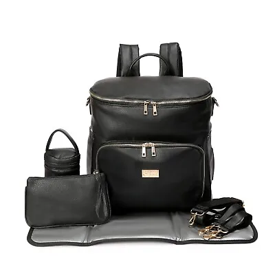 ELF HAYDEN Nappy Bag Backpack Diaper Faux Leather Black Baby Mummy 6pcs USB • $149.99