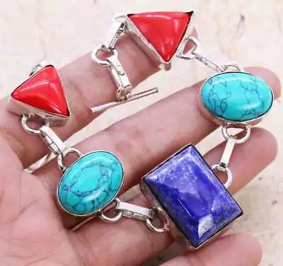 Lapis Lazuli Turquoise 925 Silver Plated Handmade Bracelet Of 8  Ethnic • $1.99