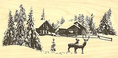 DEER CROSSING CABIN Wood Mounted Rubber Stamp IMPRESSION OBSESSION J7835 NEW • $18.05