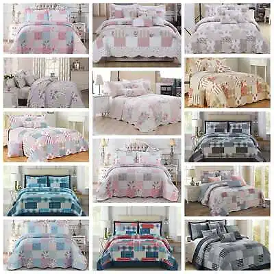 Patchwork 3 Piece Quilted Printed  Bedspread Comforter Bed Throw And Pillow Sham • £6.99