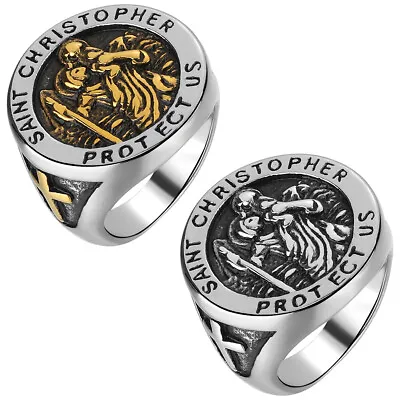 Men Catholic St Saint Christopher Protect Cross Ring Signet Stainless Steel Band • $8.99