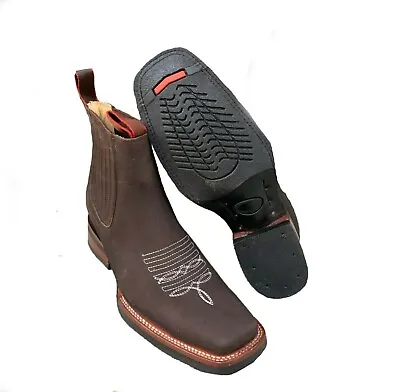 Mexican Men Ankle Boots  Cowboy Leather Rodeo Slip On Square Toe Cr361 • $78.99