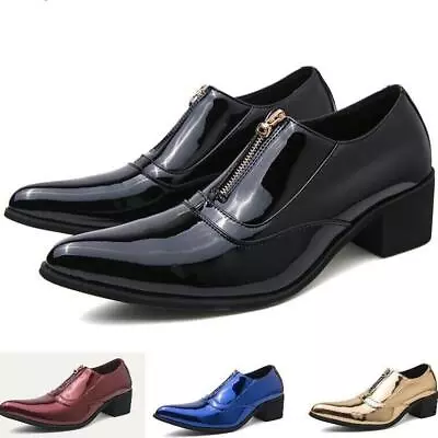 Men Patent Leather Pointy Toe Cuban Heels Wedding Dress Shoes Zipper Prom Shoes • $49.99