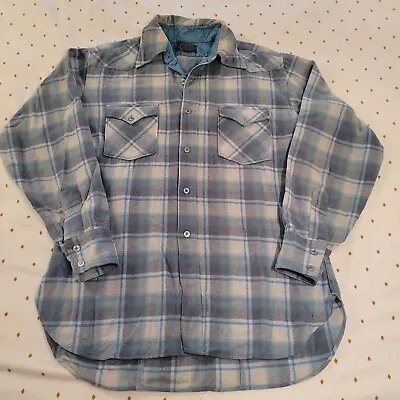 Pendleton Vintage Mens Flannel Sz Large 100% Virgin Wool Made In USA Blue Gray • $24.99