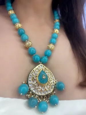 Turquoise Color Bhatti Stones With American Diamond Balls Combined With Kundans • $263