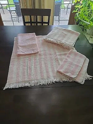 Vintage Sears Cotron Pink Stripe Fringe Bath Towel 5pc Set Made In USA • $72