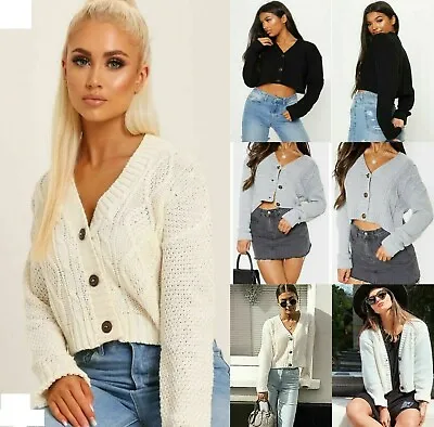 £9.99 • Buy NEW Women's Chunky Cable Knitted Cardigan 3 Button Long Sleeves Crop Top Short
