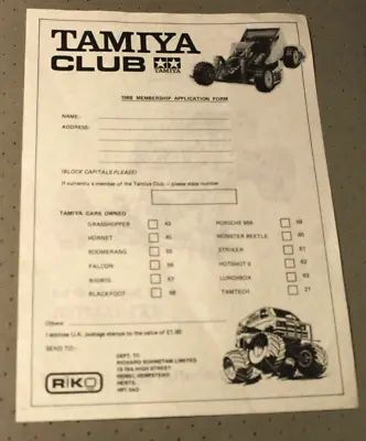 Tamiya Club 1988 Membership Application Form RIKO Porsche 959 Hornet Bigwig • £4.99