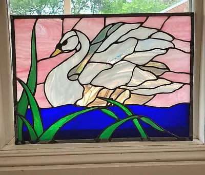 Vintage Stained Slag Glass Suncatcher Window Panel Swan Pink 18.5  X 13.25  • $49.99