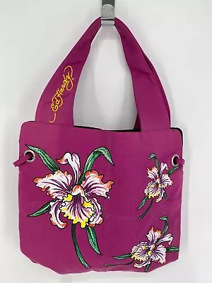 VTG Y2K Ed Hardy Bag Christian Audigier Large Pink Canvas Tote Bag Handbag Purse • $65
