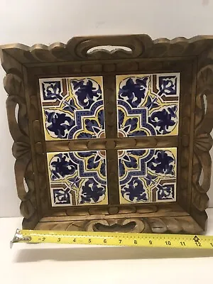 Mexican 4 Tile Tray Ceramic Trivet Folk Art Wood Handles Carved Serving Vintage • $48