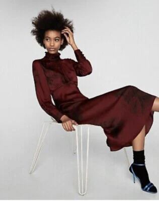 $34.99 • Buy Zara Printed Midi Dress In Maroon Long Sleeve Size M