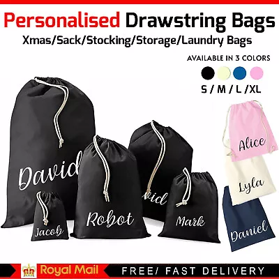 Personalised Drawstring Cotton Sack Stocking Laundry Storage Xmas Gift Hand Bags • £0.99