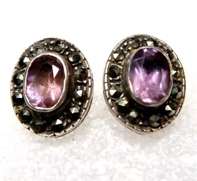 Vintage Art Deco Sterling Silver Marcasate Amerthyst Pierced Earrings • $19.99