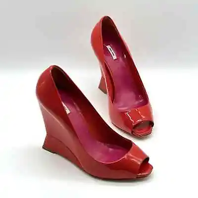 MIU MIU Heels Womens 38 Red Patent Leather Wedge Open Toe Pump Shoes  • $194.95