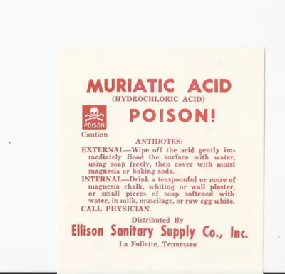 1977 Ellison Sanitary Supply Co Muriatic Hydrochloric Acid Poison Lafollette Tn • $2.50
