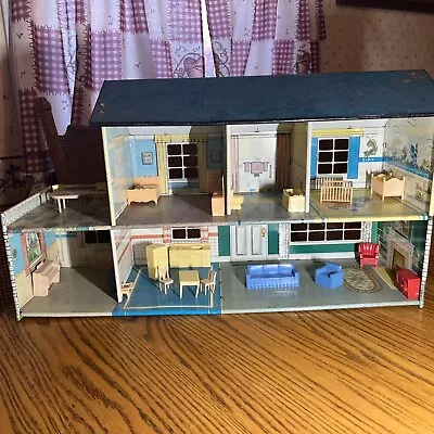 1950s Marx Dollhouse Tin Metal Litho Colonial Doll House 2 Story Furniture Vtg • $50
