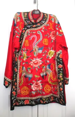 Vintage Chinese Red Silk Asymmetrical Jacket Robe Vibtrant Embroidery Phoenix • $219.99