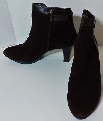 Aquatalia Vera Gomma High Heel Brown Suede Leather Buckle Zip Ankle Boots 10.5 • $74.99