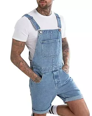 Mens Denim Dungarees Overalls Jumpsuit Shorts Bibs And Brace Jeans Romper Pants • £23.69