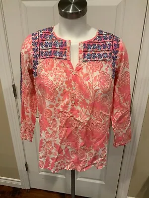 J. Crew Pink & White Floral Print Tunic Shirt W/ Embroidered Chest Size 0 • $17.62
