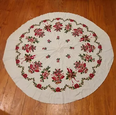 $28 • Buy Vintage Round Tablecloth Christmas Colorful Bells Candles Ornaments