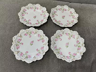 Antique Moritz Zdekauer Porcelain Set Of 4 Plates W/ Pink Roses Decoration • $65