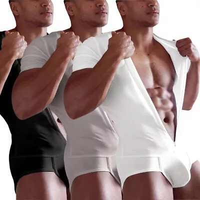 Men One Piece Short Sleeve Muscle Fitness Bodysuits Leotard Underwear Shorts US • £14.81