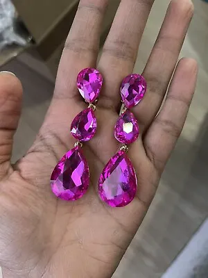 3” Clip On Long Hot Pink Fuchsia Dangle Drop Pageant Rhinestone Crystal Earrings • $14.50
