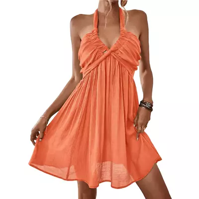 Cotton Halter Sun Dress L Large Beach Esley Orange  • $14