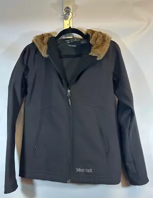 Marmot Black Soft Shell Furlong Faux Fur Hood Wind/Water Size M Nylon Full Zip • $27.99