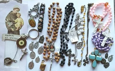 Vtg Lot Rosary Beads Brn Blk Wood Saints Medals Crucifix Cross Pendant Bracelet  • $2.25