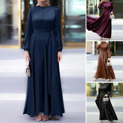 ZANZEA Womens Muslim Puff Long Sleeve Satin Full Length Abaya Party Maxi Dress • £20.51