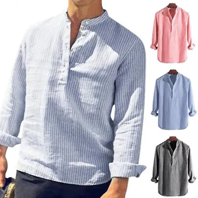 Mens Long Sleeve Retro Striped Shirt Grandad Collar Casual Shirts Top Plus Size • £11.99