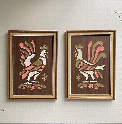 Mid Century Modern Vintage Atomic Kitchen Wall Hangings Pink Gold Roosters 60’s • $75