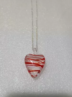 Pretty Red Striped Glass Heart Pendant On A Silver Tone Necklace  • $7.95