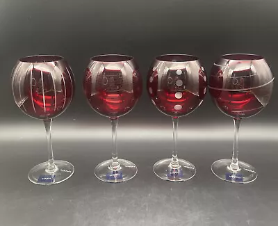 Mikasa Cheers Ruby RED Etched Balloon Goblets Different Patterns Set Of 4 24.5oz • $49.95